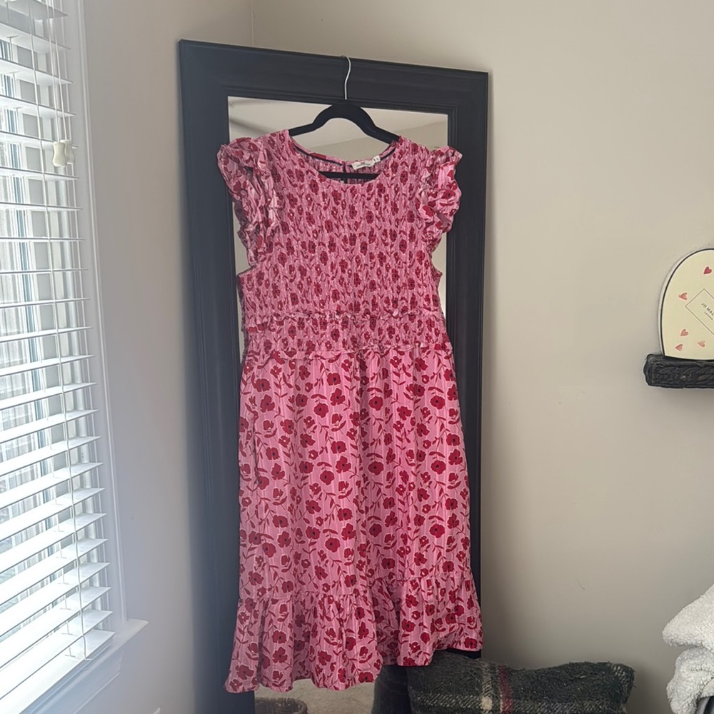 Vineyard Vines Pink and White Smocked Ruffled Midi Sundress